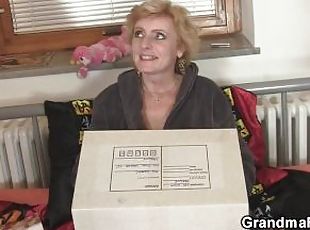 Slim blonde granny drilled by two postmen