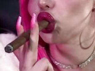 Pink haired Luvie Doll smoking cigar with her big juicy pumped up s...