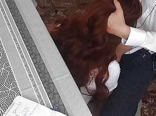 red-haired beauty swallows teacher's sperm