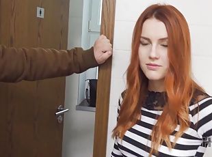 HUNT4K. The cuckold stays in the public bathroom watching his girlf...