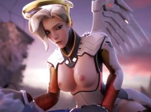 Horny blonde babe from Overwatch game called Mercy taking big dick missionary style