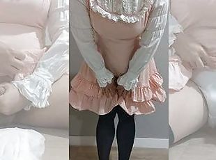 Crossdresser Wearing a Pink Dress and Sanitary Towel then Cumming ?...