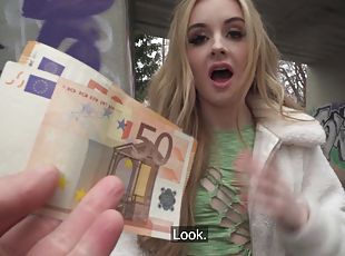 Aroused blonde accepts good cash to throat dick and get laid while ...