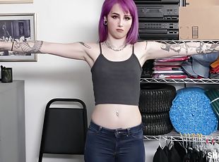Purple haired slut Val Steele undressed and fucked on the table