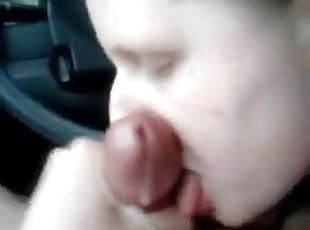 Blonde chick sucking a small and limp dick in a car