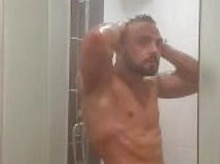 baignade, vieux, amateur, gay, plus-agée, douche, solo, musclé