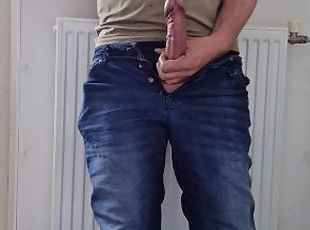 masturbation, monster, avsugning, gigantisk-kuk, avrunkning, massiv, rakad, jeans, vit, kuk