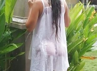 NO PANTIES fetish# PUBLIC without panties n transparent wet dress #...