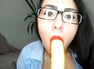 Sexy office worker make blowjob and titty fuck with rubber dick
