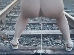 Upskirt POV Hot Mom Full Moon Pissing on Train Tracks Early Morning...