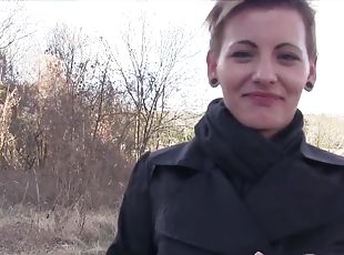 Short haired model Bella Pumpkin gives head and gets fucked in public