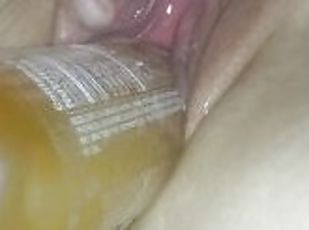 Stretching Her Hot Pussy To Orgasm With An Ice Bottlle For The Firs...