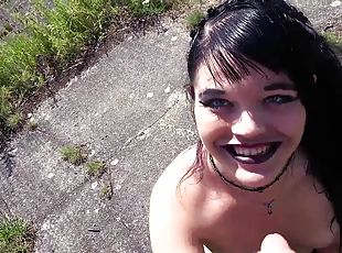 Horny brunette chick enjoys while getting fucked outdoors