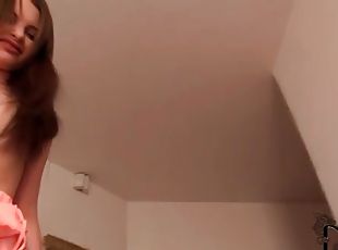 Skinny young brunette sucks off a dick