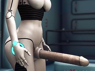 Sexy scifi female android plays with an alien in the surgery room in the space station