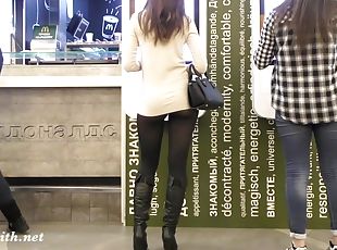 Jeny Smith flashes her seamless pantyhose in public. Spy cam shows ...