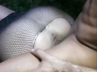 Blonde whores in fishnet bodystocking fucking a big cock dude