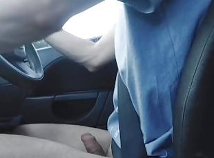Teen bi twink boy drives around in a car and jerks off dick along t...