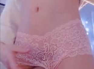 femboy trans girl in pink panties shows cock and tits