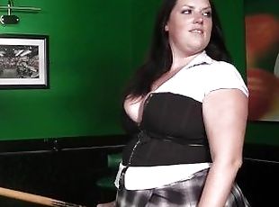 Brunette BBW in fishnets nailed on a pool table