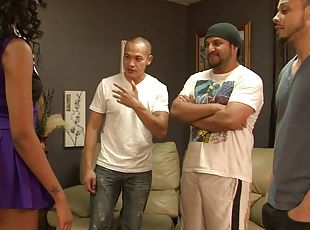 Black ghetto bitch with a curvy butt gets fucked by three dudes