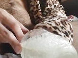 Hairy cock bear jerking off to cum in a bottle then fills up Creamp...