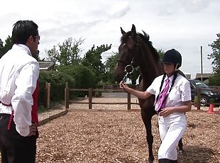 Long haired milf with big tits gets hammered till orgasm in the stables