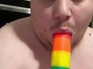 Dad Super Deep Throats HUGE Pride Dildo