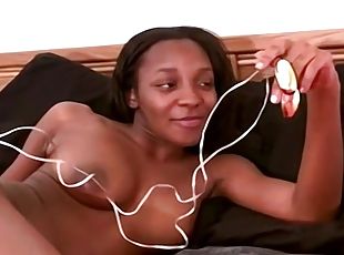 Cute ebony warms herself up with a vibrator before she sucks and fu...