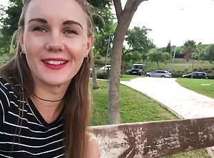 Wild and horny brunette chick masturbating in public place hoping s...