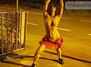 Horny amateur slut dancing naked in public. Pissing, flashing and f...