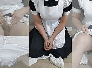 Crossdresser Wearing a Maid Dress and a Sanitary Towel Then Jerking...