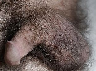 Very hairy small dick very close, with cumshot