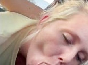 Public road cum swallow before going to see her mom. Blonde girl sw...