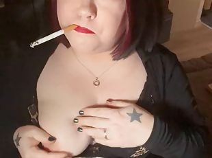 British tart Tina Snua tugs on her perky nipples and smokes 2 chain...