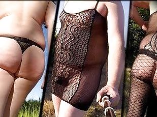 Enjoying sheer dress at public cruising spot in the sun. Shaved big...