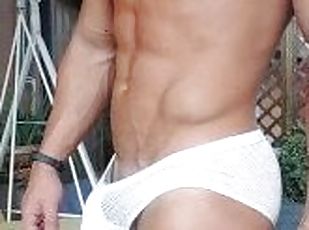 Muscular boy bulge italianbulge with white speedo getting hard outdoor