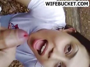 Shooting his cum on the girl outdoors