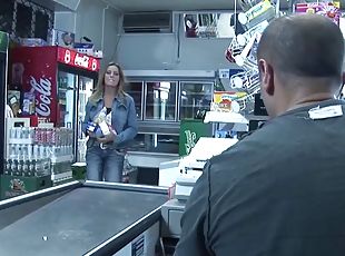 Convenience store clerk and a slutty girl fucking on the floor