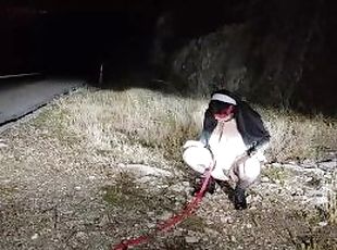 Piss Slut Wife in a Nun costume with a dog collar around her neck r...