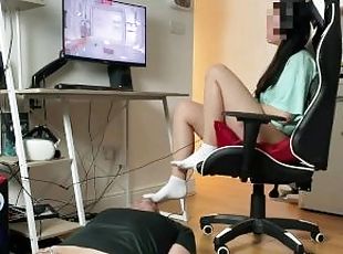 Mistress in white socks playing PC games . Locked in chastity boyfr...