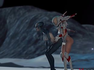 Hot sex on th exoplanet! An alien gets fucked by a spacewoman in spacesuit with strapon