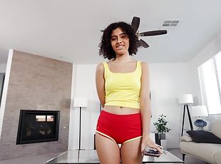 POV video of sexy curly haired Dani Diaz giving head and riding