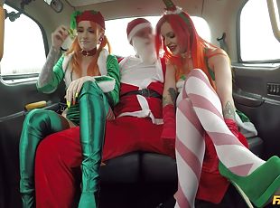 Christmas threeway in a cab with festive gals Alexxa Vice and Azura...