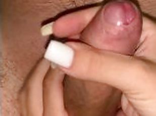 Hot Barbie jerking his big cock and playing with his balls, asking cum to her face