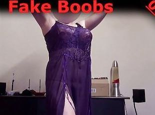 Fake Boobs FF-Cup: Long thin purple dress and my enourmous strapon ...