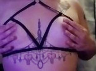 FTM Femboy in Harness Plays with Tits