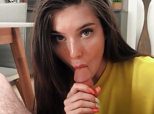 pussy, amatør, blowjob, cumshot, tenåring, pov, cum, barbert, brunette, virkelig