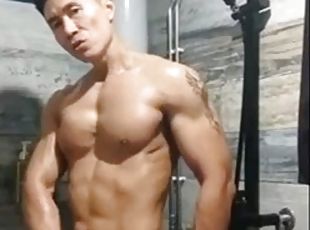 asiatisk, cumshot, gay, rumpa-butt, ensam, muskulös