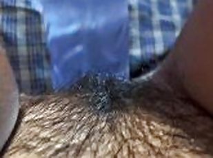 Close up horny slut fucks hairy pussy with huge dildo